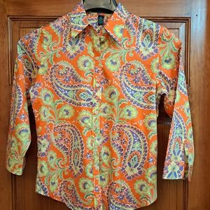 Lauren Ralph Lauren Petites Paisley Floral Orange Purple 3/4 sleeve button down